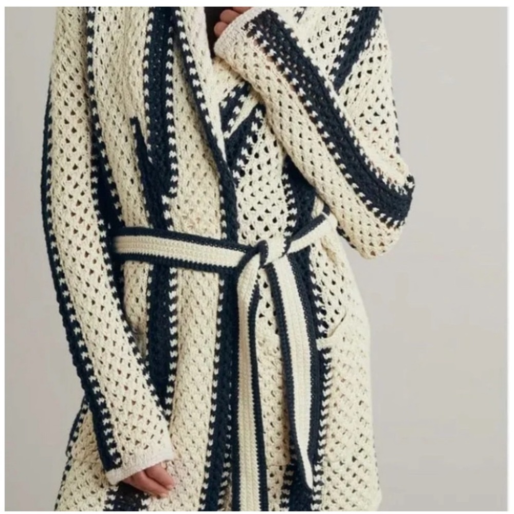 Ralph Lauren Geo Stripe Linen Cotton Crochet Shawl Cardigan Sweater XL NWT - Picture 3 of 5